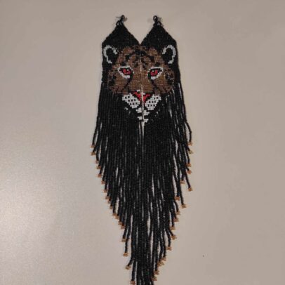Brincos Apurinã Onça Pintada Franjas Miçanga preta Longo
